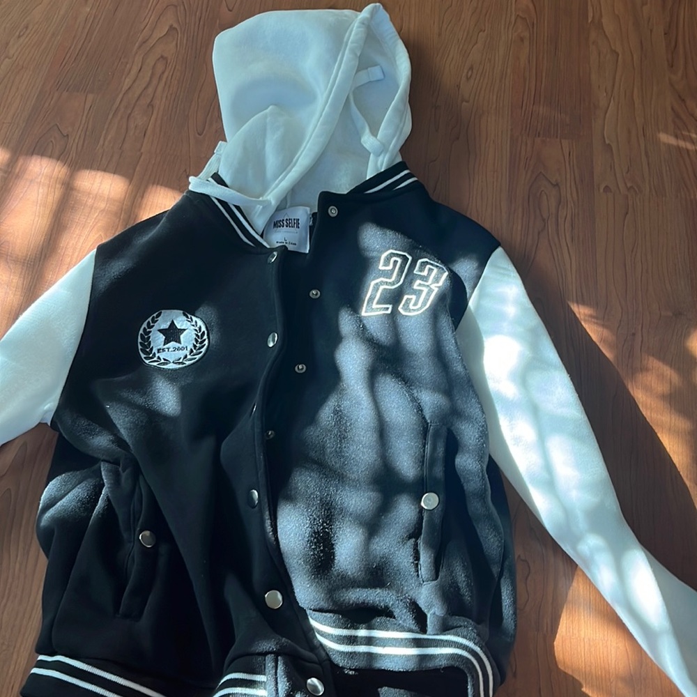 Miss selfie, black and white varsity jacket